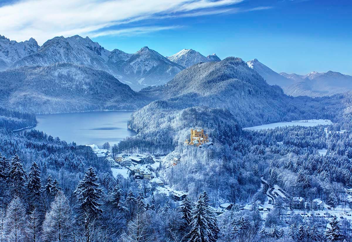 Luxury Snowy Mountain Lake Cabin Scenic View Wallpaper pattern detail