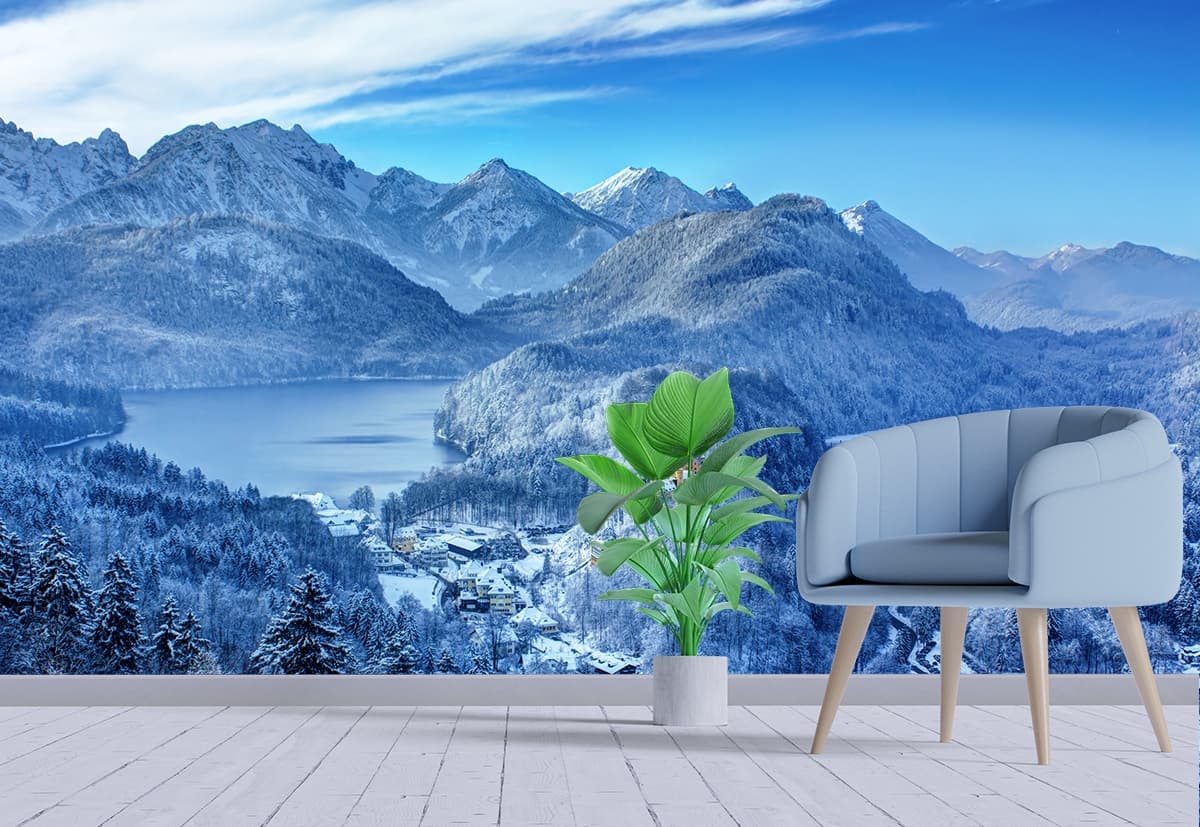 Luxury Snowy Mountain Lake Cabin Scenic View Wallpaper shown in a room