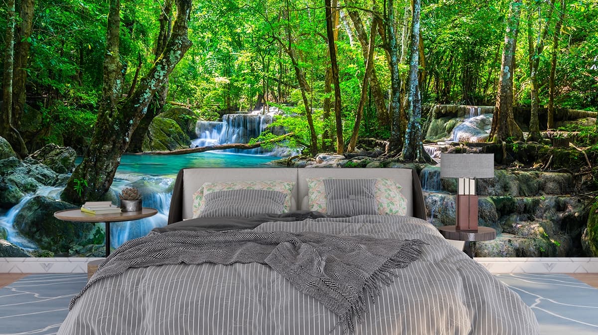 Natural Waterfall in Jungle Forest Scene Wallpaper shown in a room