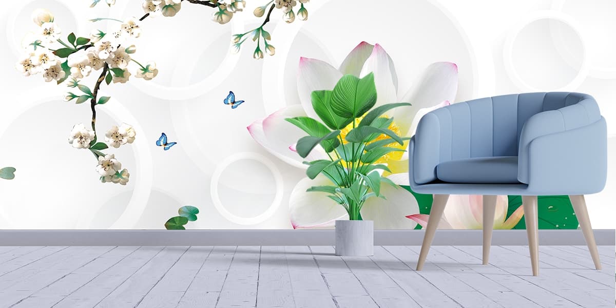 Nature Beauty Pink Blossom and Butterfly Wallpaper shown in a room