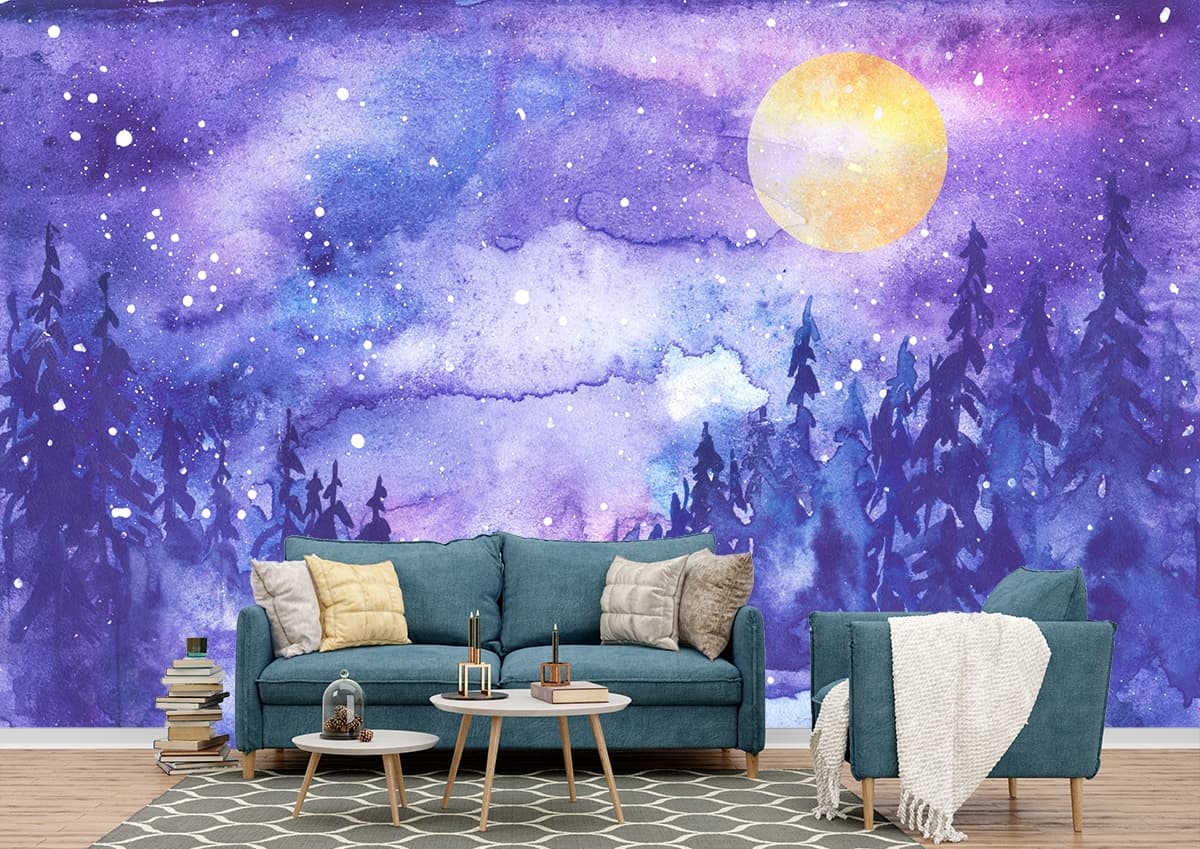 Watercolor Snowy Forest Wallpaper shown in a room