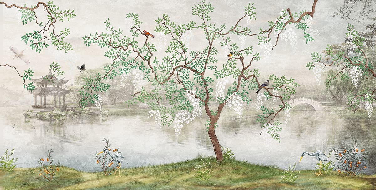 Tree with Birds Nature Scene Wall Mural Wallpaper pattern detail