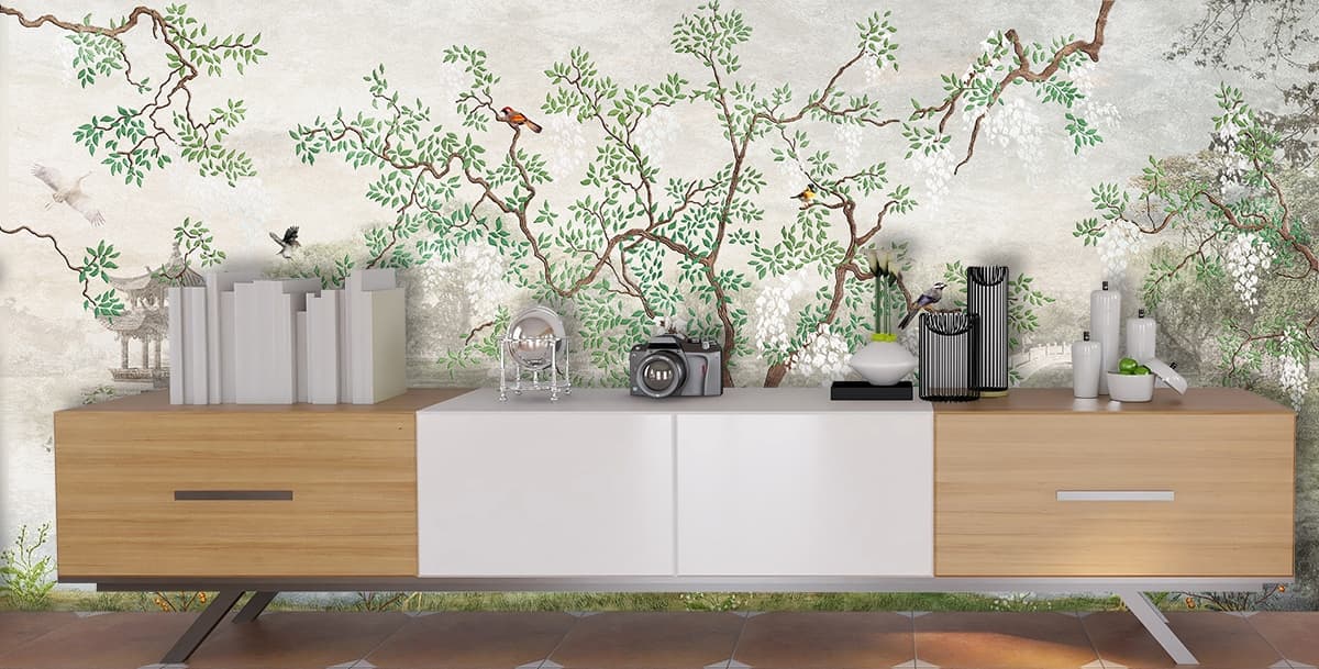 Tree with Birds Nature Scene Wall Mural Wallpaper shown in a room