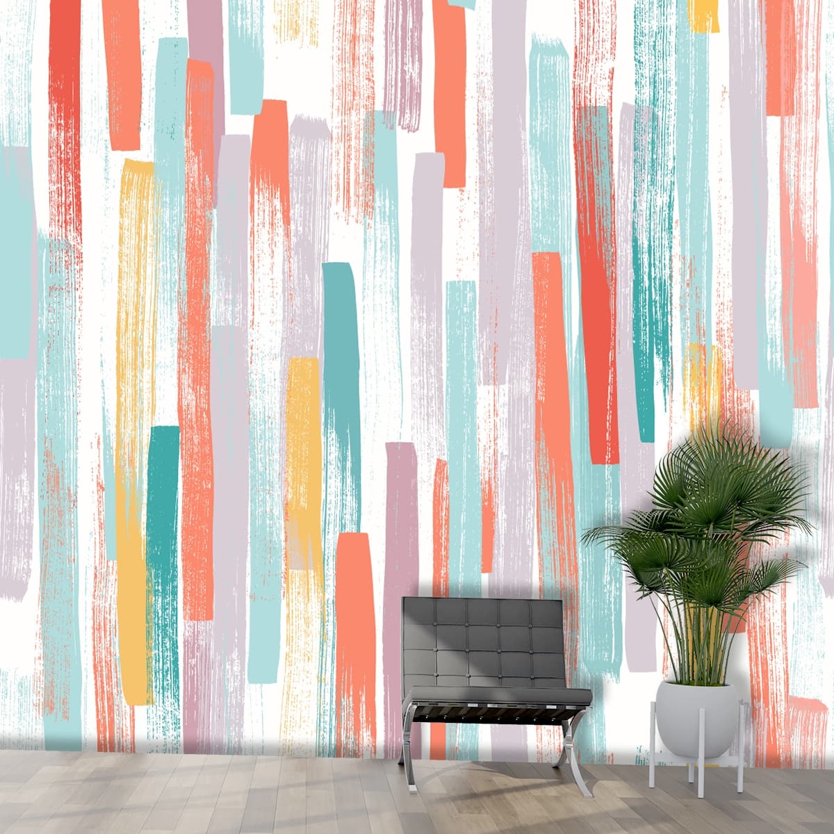 A colorful brush strokes on a white background shown in a room