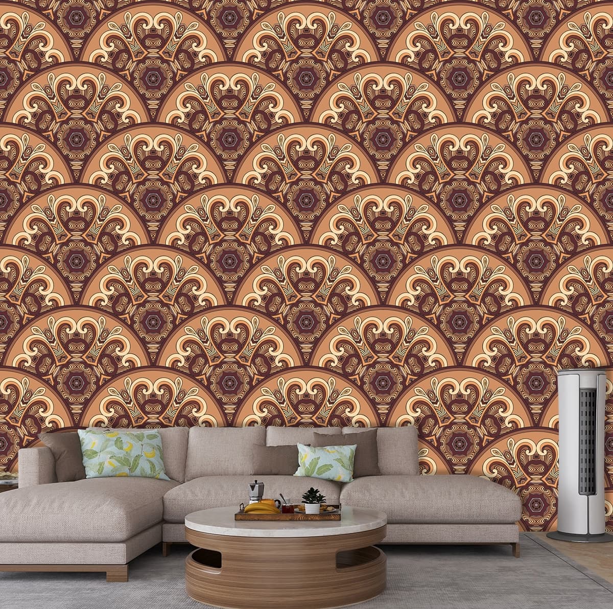 Beige Circular Ethnic Pattern Wallpaper shown in a room