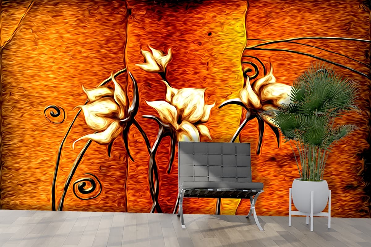 Floral Painting on Wall Artistic Wall Mural Wallpaper shown in a room