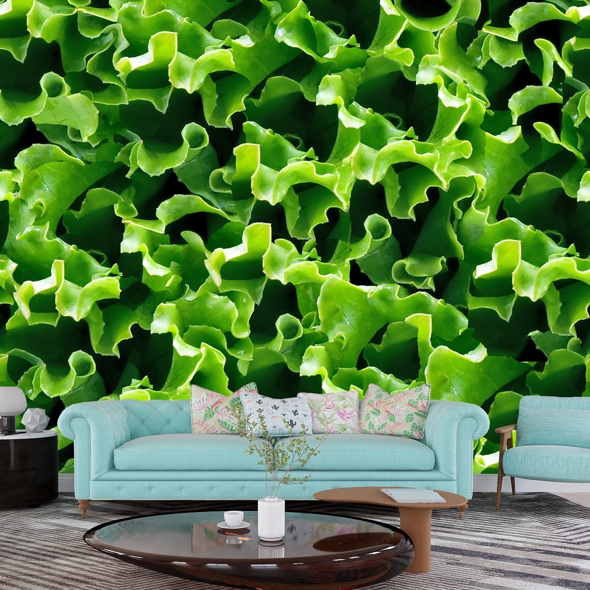 3D Wallpaper for Kitchen of Green Leaves shown in a room