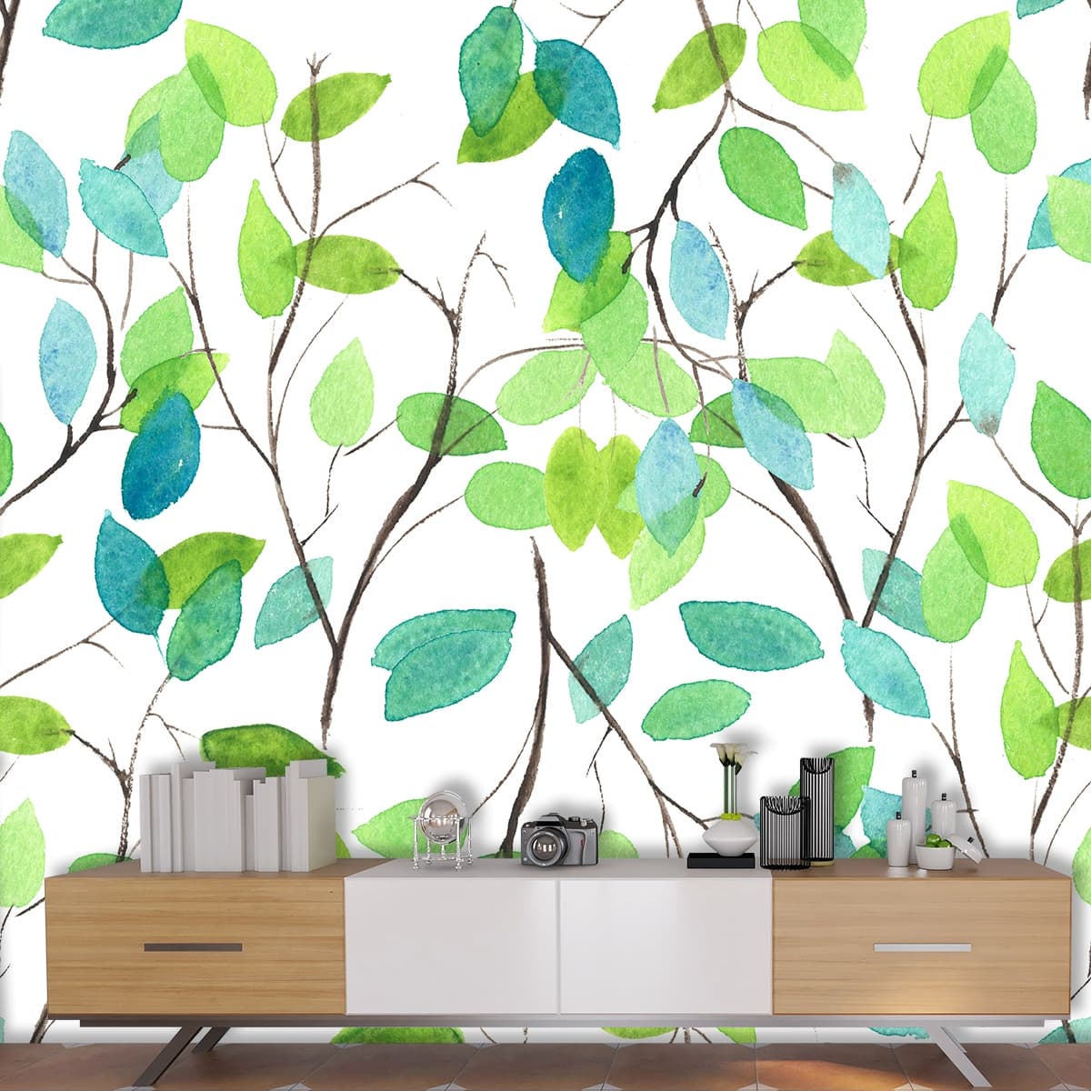 Watercolor Leaves Artistic Wallpaper shown in a room
