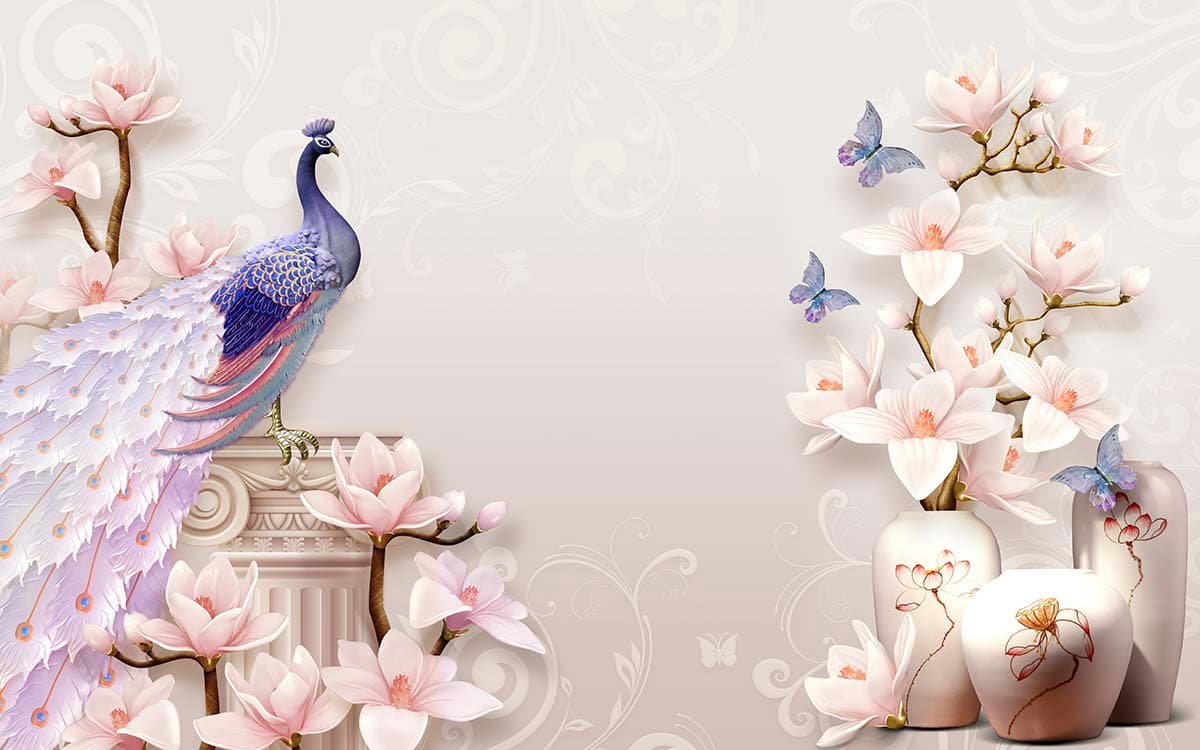 Royal Peacock with Floral Pedestal Design Wallpaper pattern detail