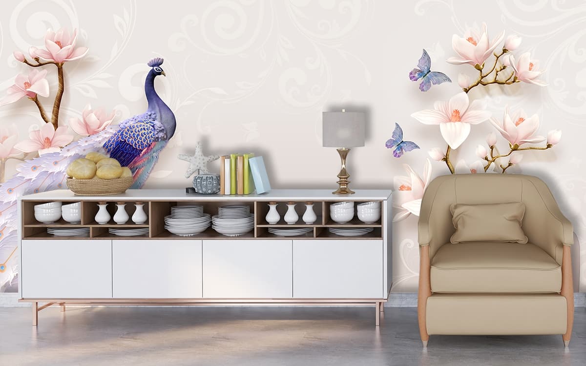 Royal Peacock with Floral Pedestal Design Wallpaper shown in a room