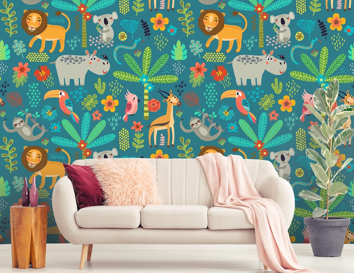 Animals and Plants Pattern Wallpaper for Kids Room shown in a room