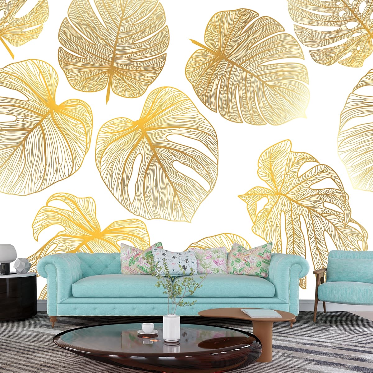 Wallpaper with Golden Leaf-Shaped Patterns shown in a room