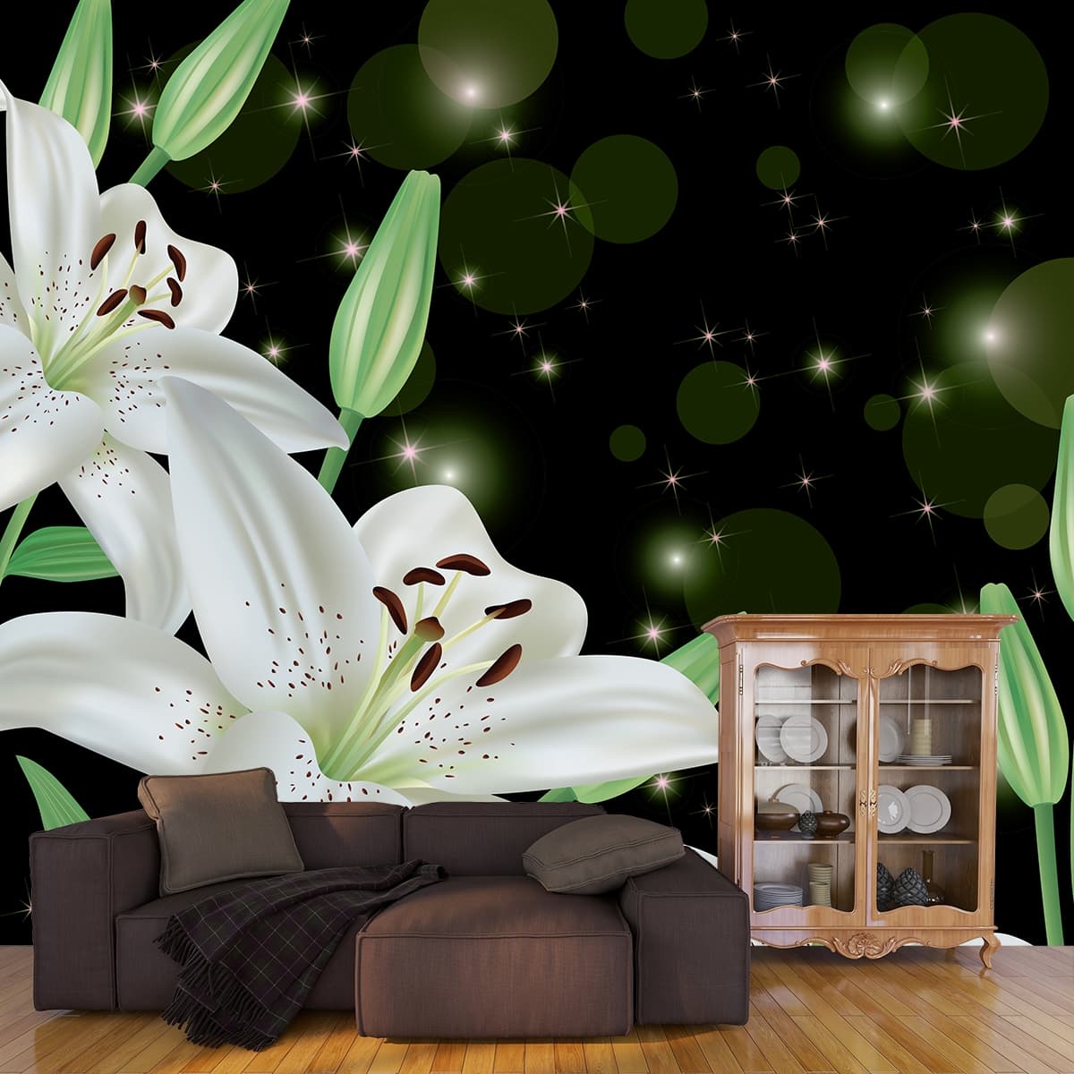 The Magical Night with the White Flowers Wallpaper shown in a room