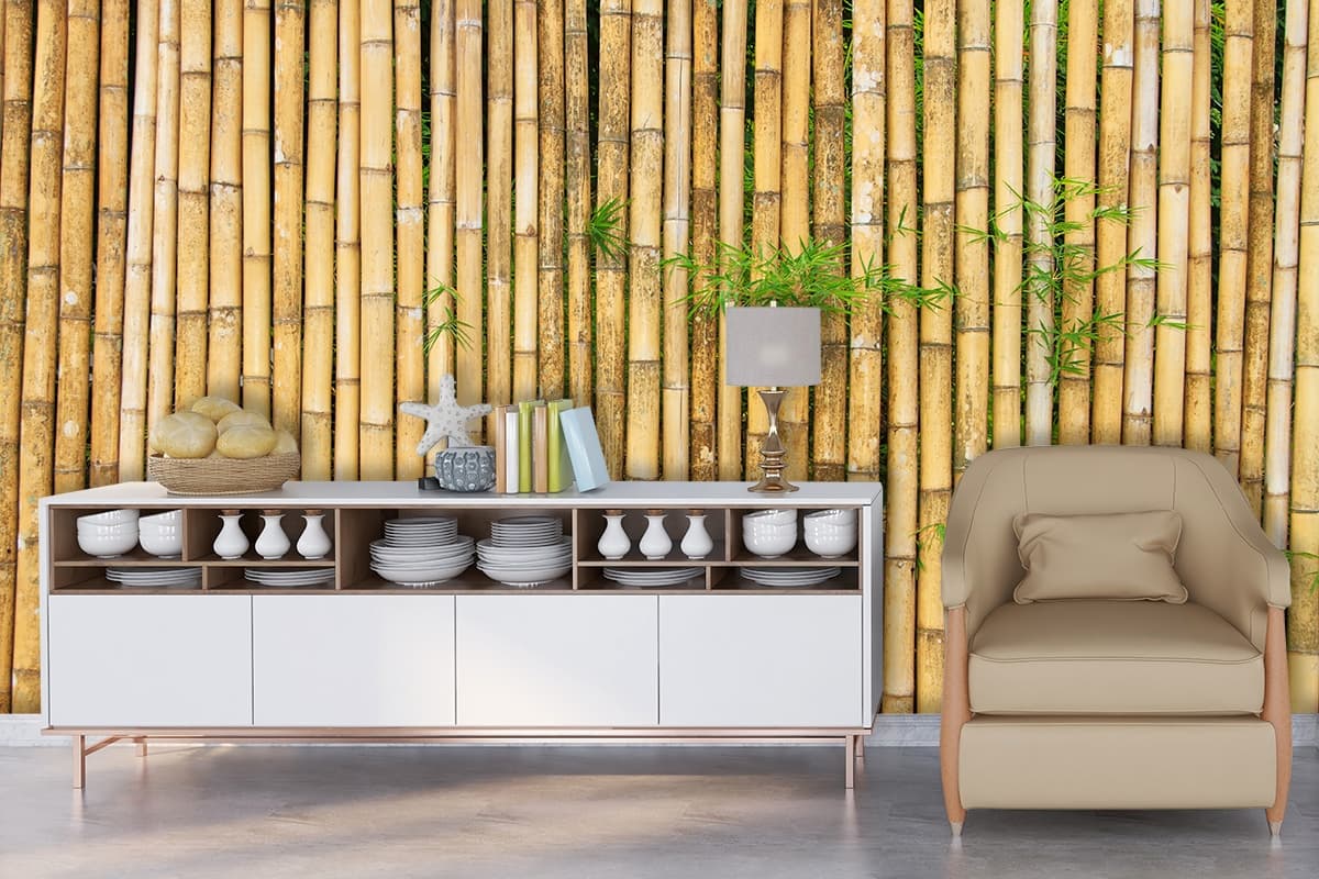 Bamboo Wallpaper for Wall, Yellow Bamboo with Leaves shown in a room