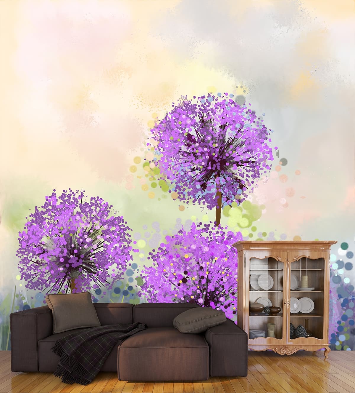 Cluster of Purple Flowers Wallpaper Mural shown in a room