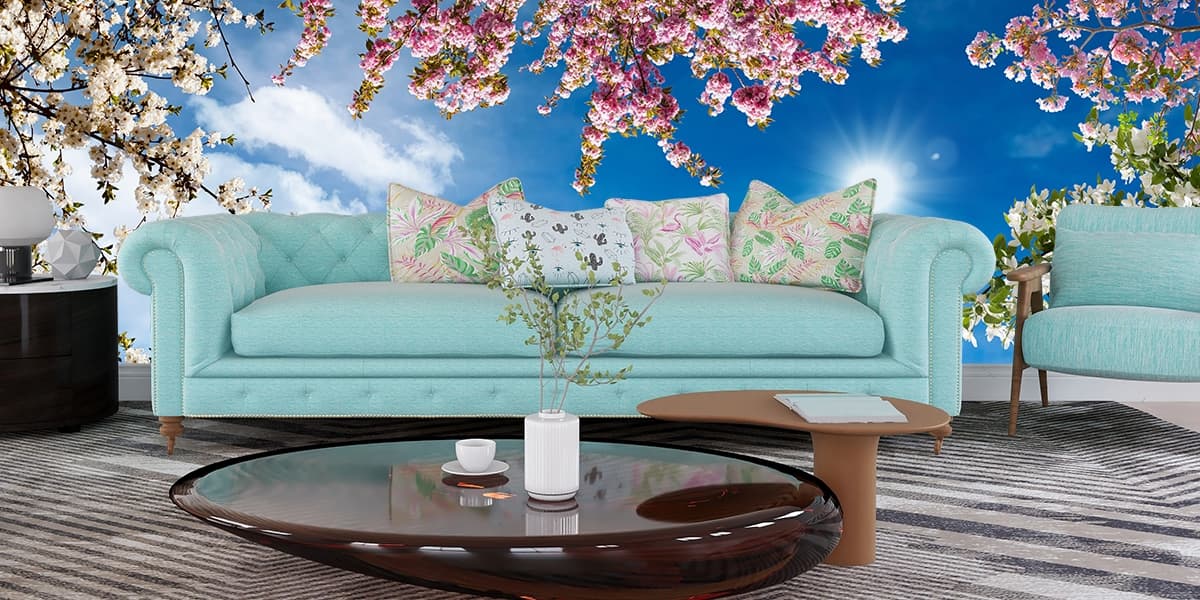 Blue Sky and Flowers Wallpaper for Walls shown in a room