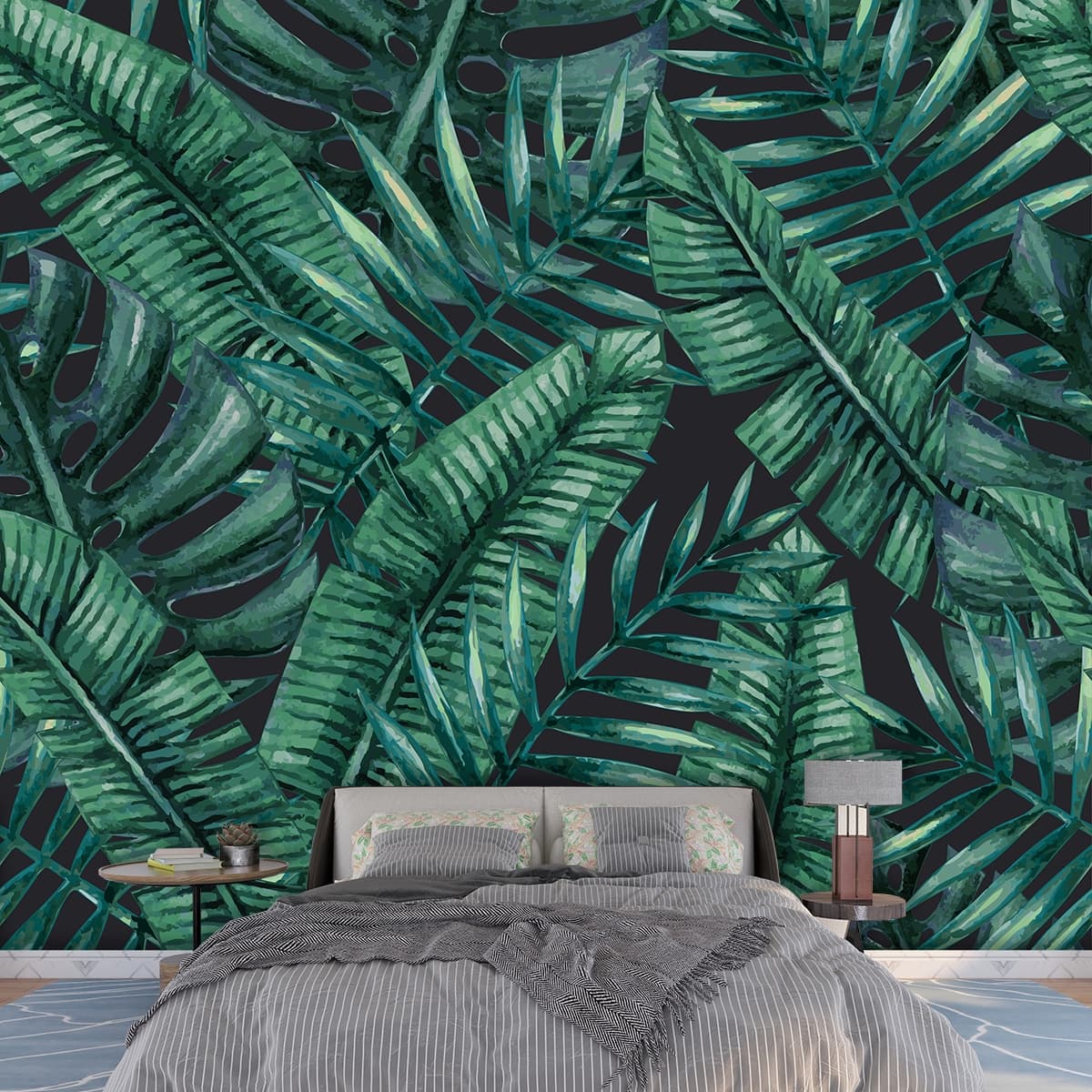 Living Room Wallpaper - Pattern of green leaves shown in a room