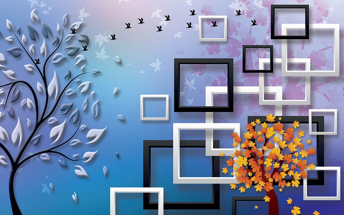 A tree with leaves and birds flying pattern detail