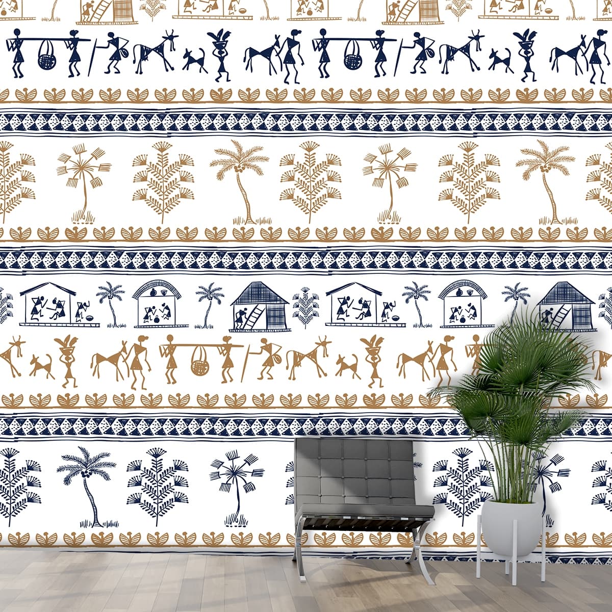 Traditional Tribal Village Story Mural Wall Wallpaper shown in a room