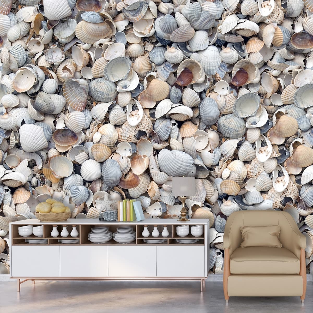 A pile of shells on the ground shown in a room