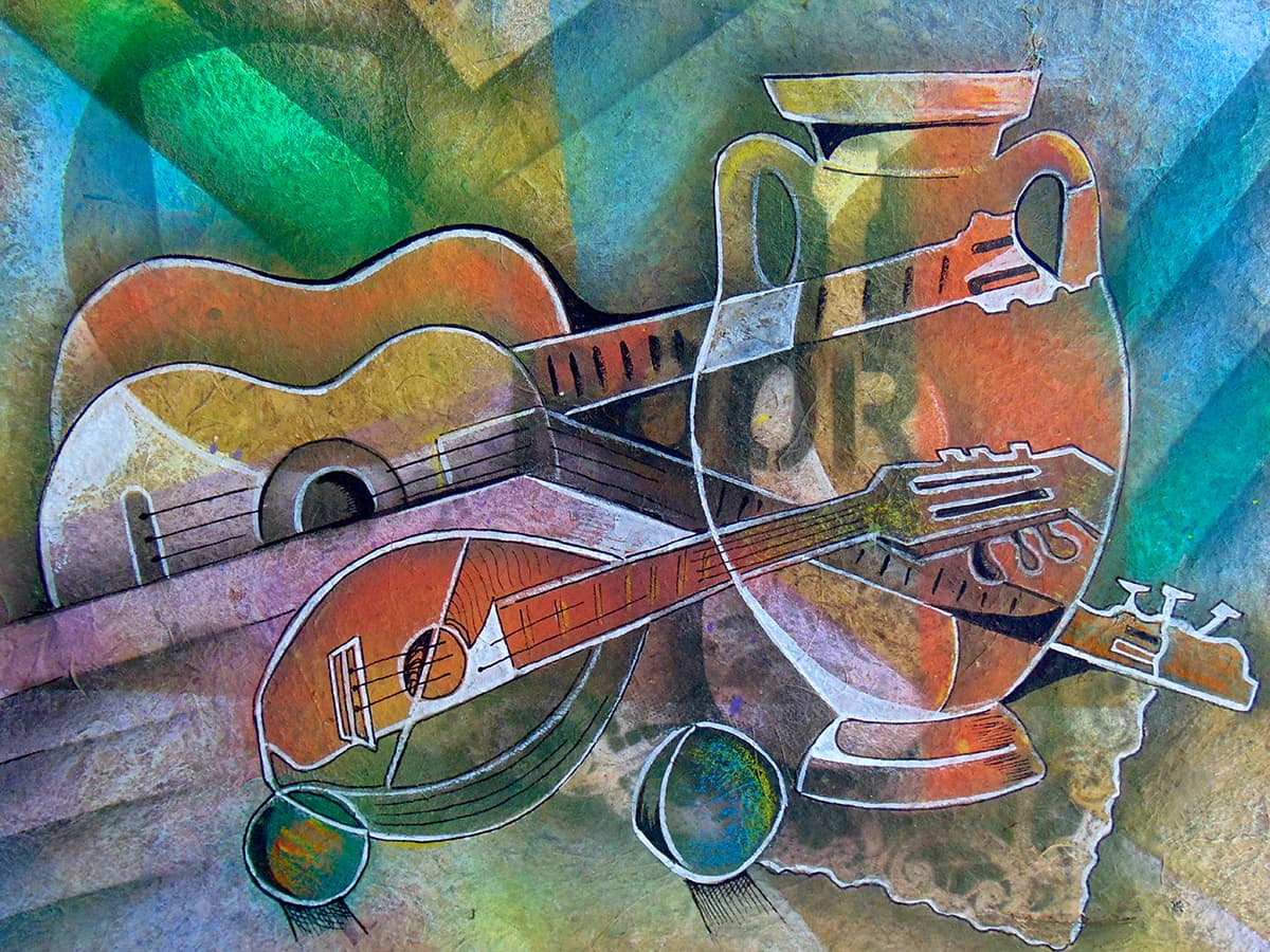 Artistic Guitar and Jug Painting wallpaper pattern detail