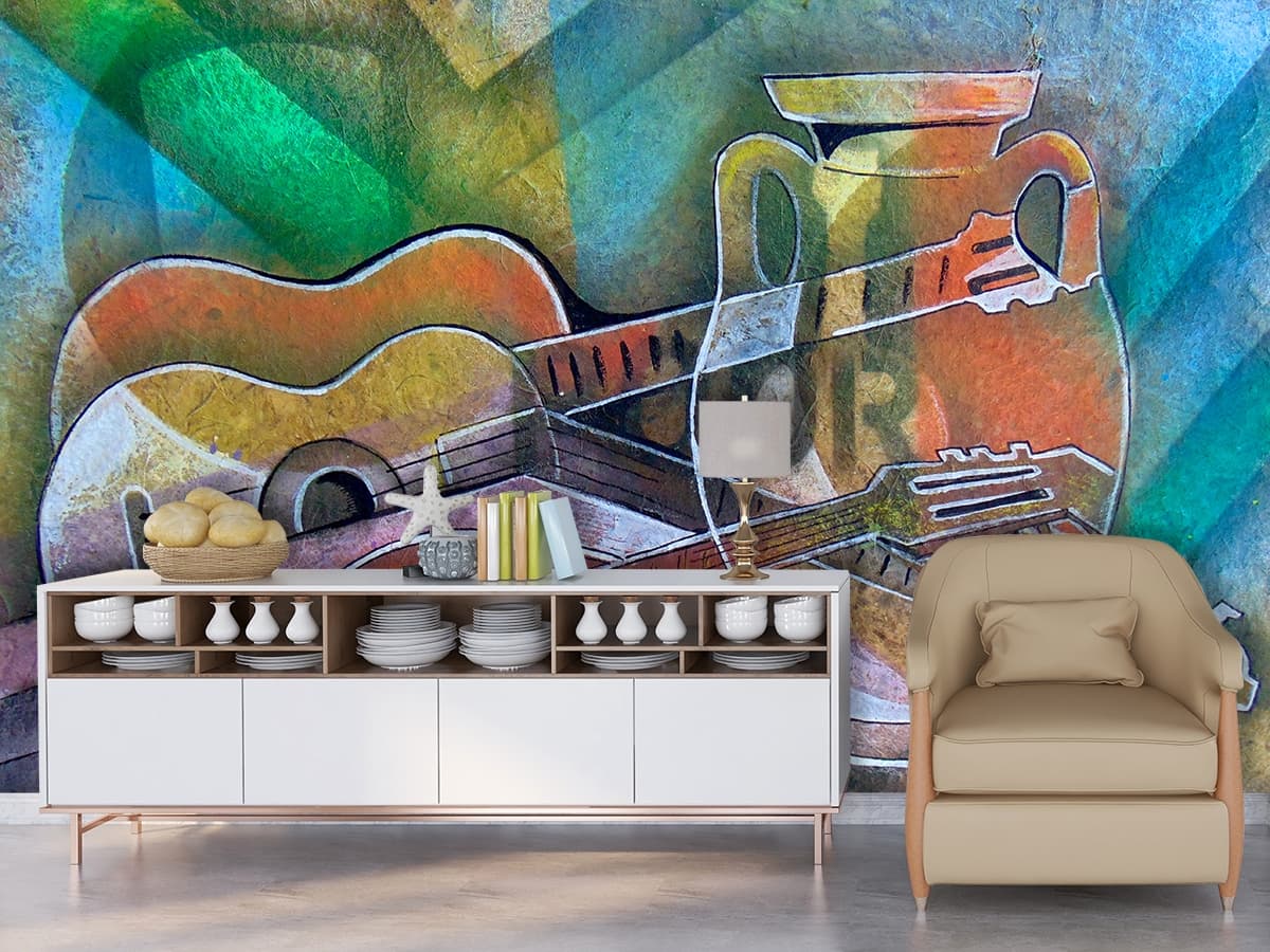 Artistic Guitar and Jug Painting wallpaper shown in a room
