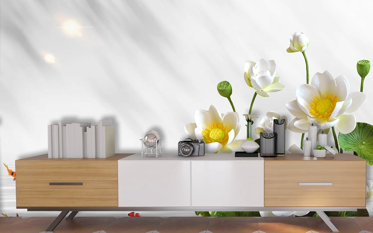 Simple 3D Style Silver Flora on Stripe Wall Wallpaper shown in a room