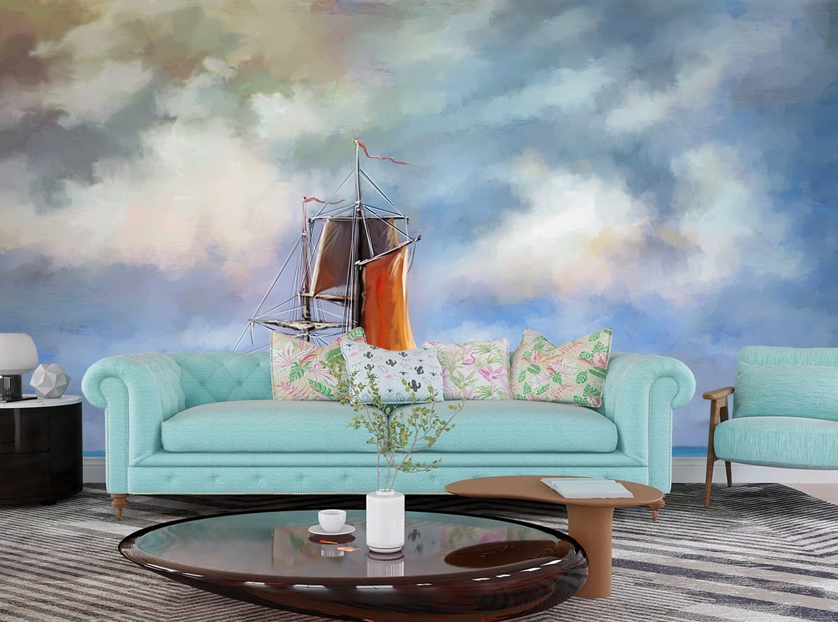 Ocean Sailboat Seascape Art Style Wallpaper shown in a room