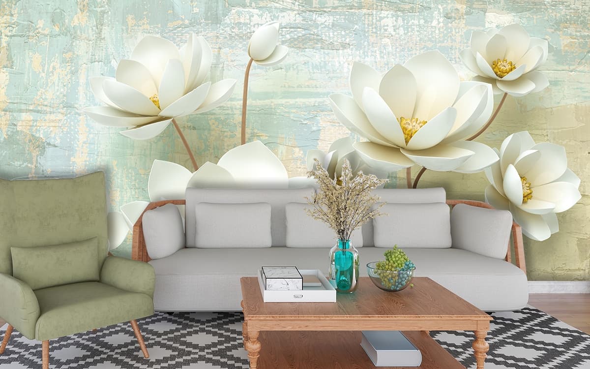 White Magnolia on Grunge Background Wallpaper shown in a room