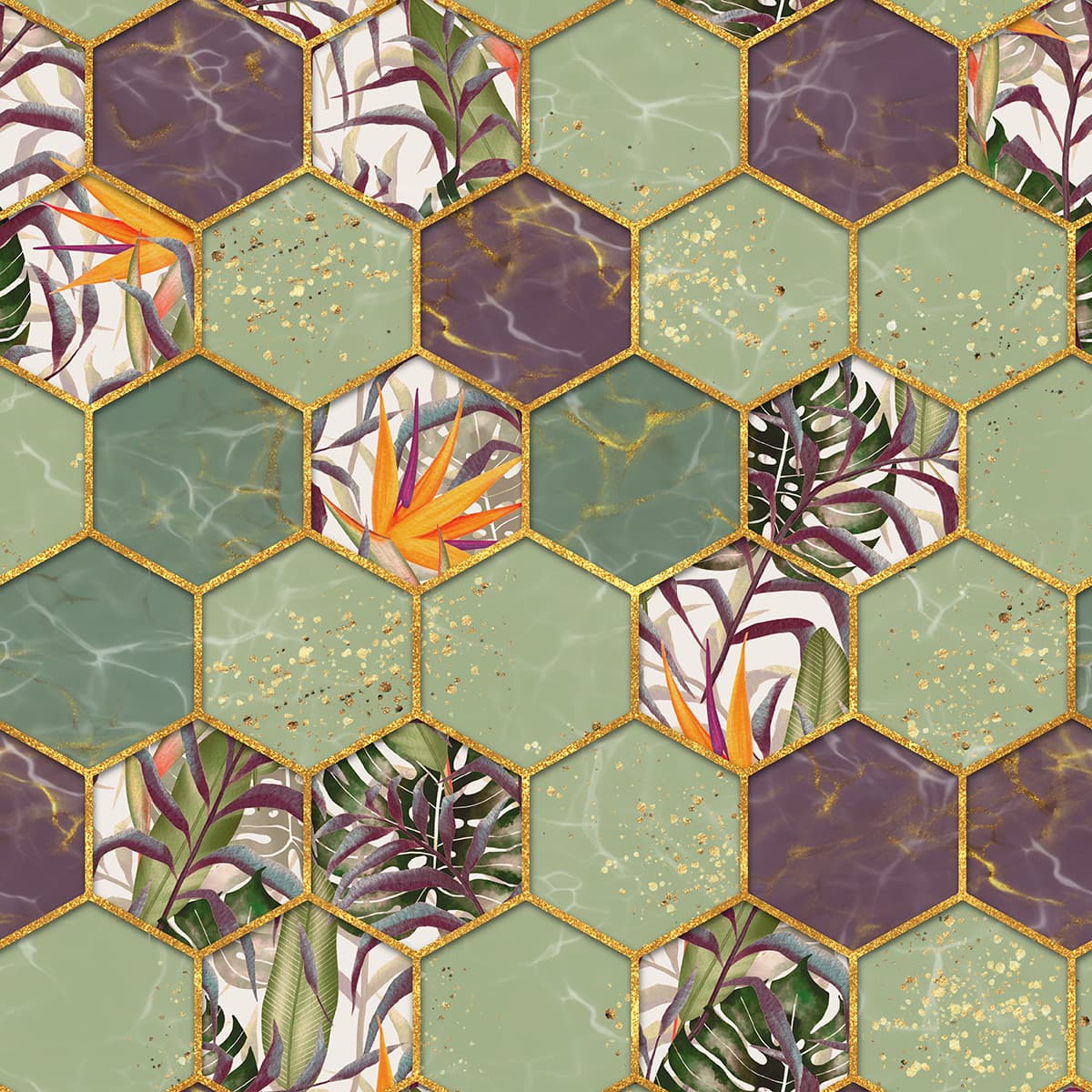 Golden Hexagonal Tiles with Botanical Design Wallpaper pattern detail