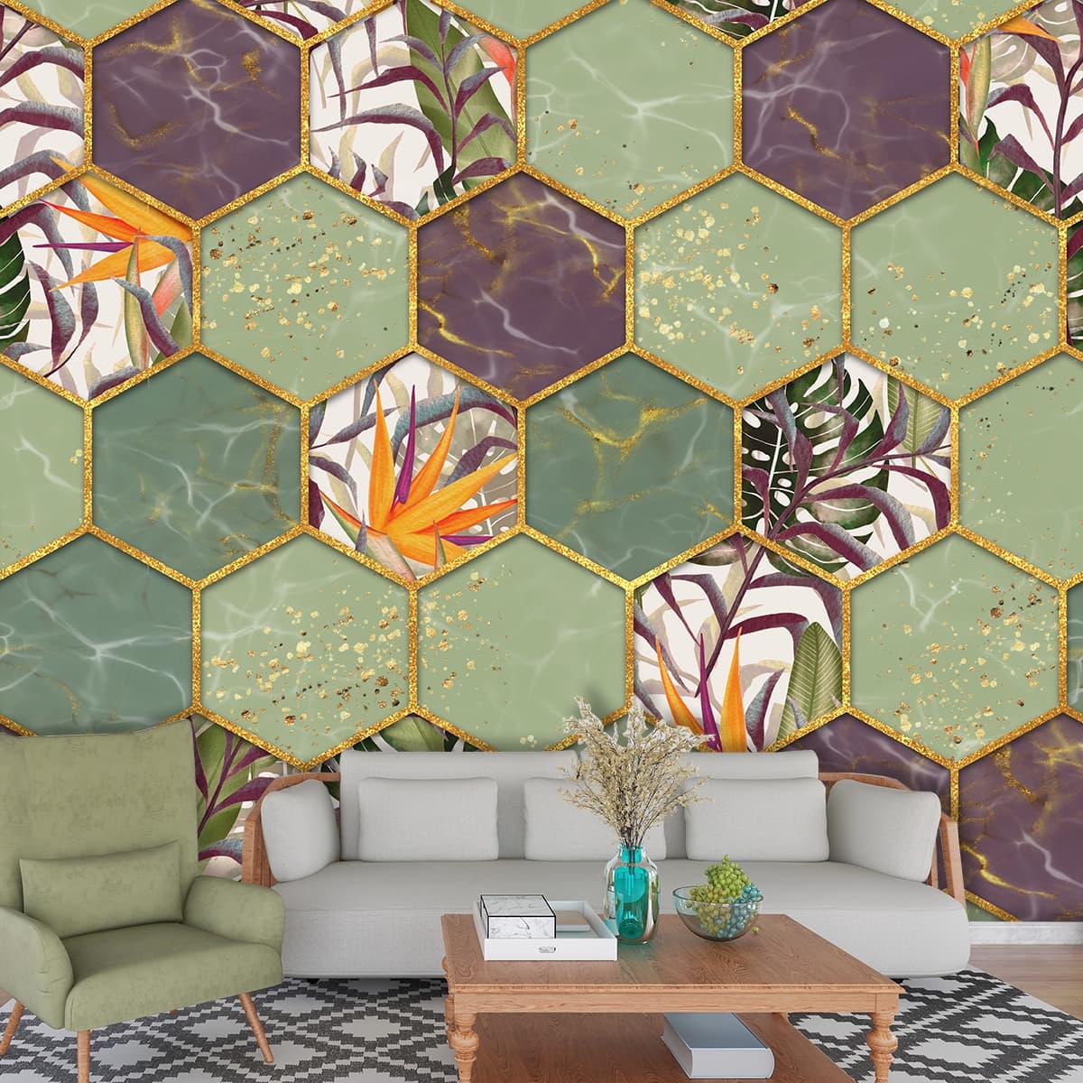 Golden Hexagonal Tiles with Botanical Design Wallpaper shown in a room