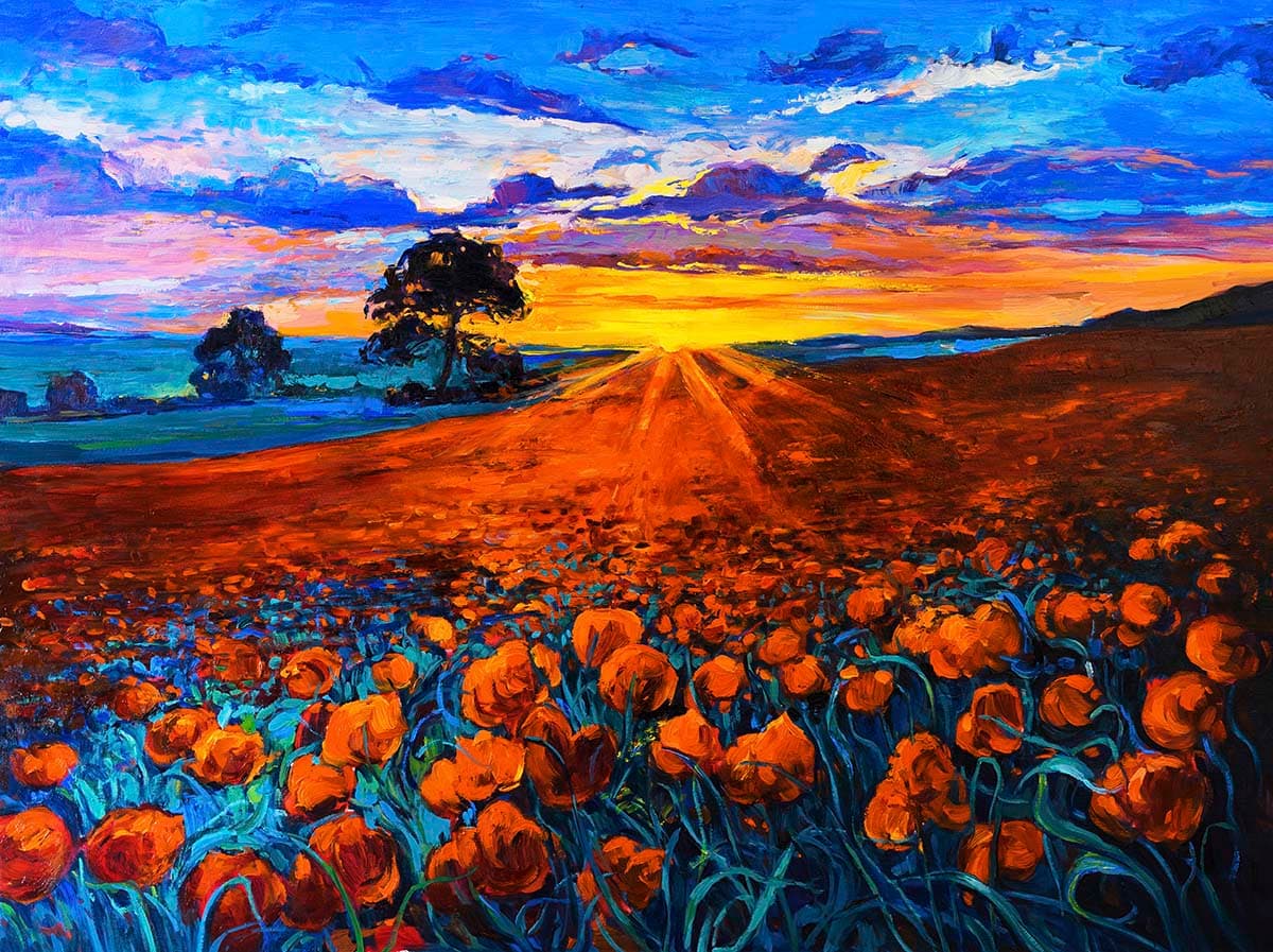 Landscape Painting of a Field of Flowers Wallpaper pattern detail