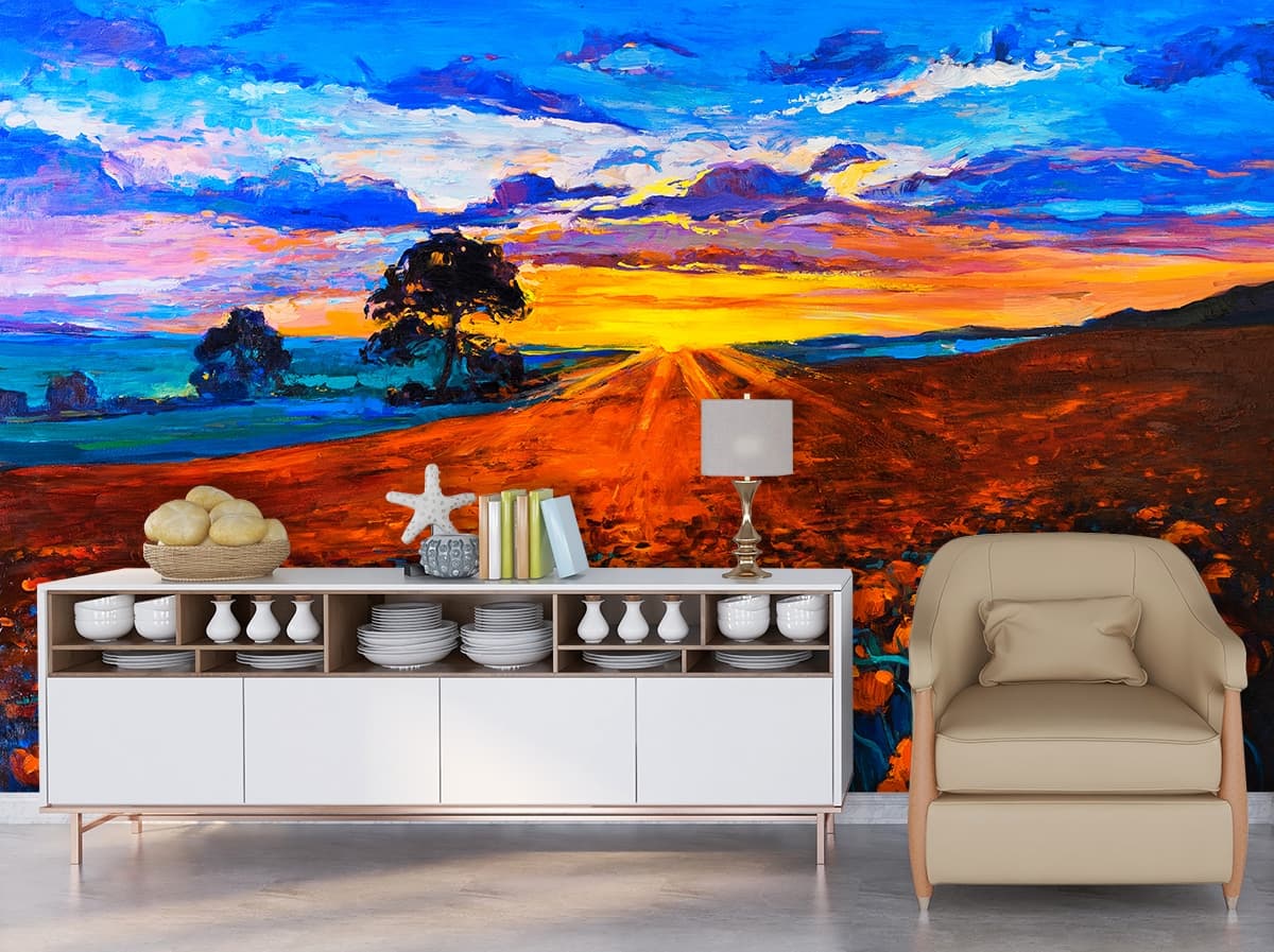 Landscape Painting of a Field of Flowers Wallpaper shown in a room