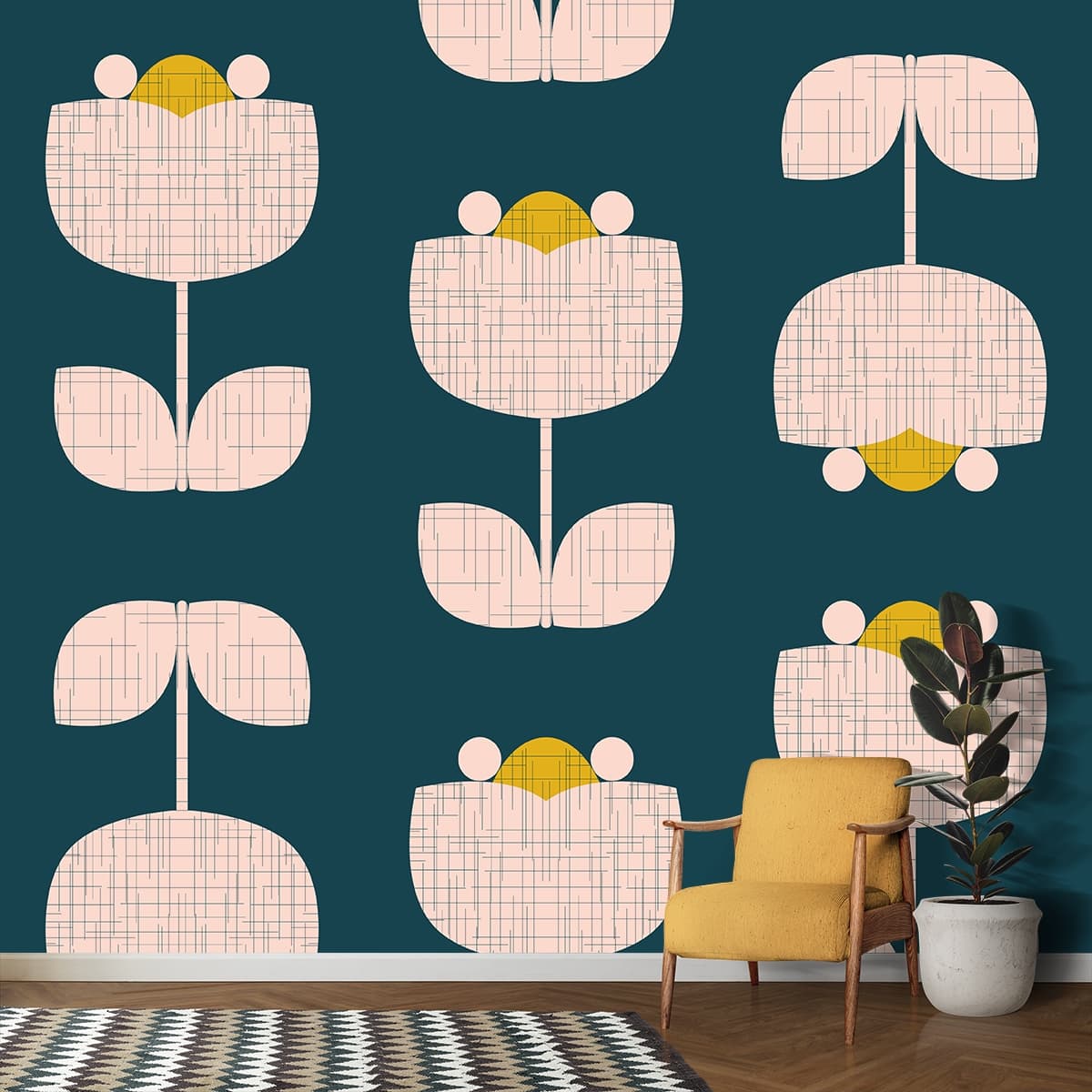 Geometric Pattern Flowering Arboretum Wallpaper shown in a room