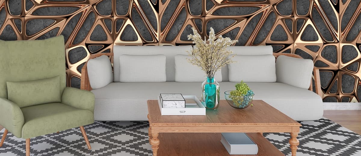 Luxury Gold Mosaic Metal Surface Geometric Art Wallpaper shown in a room