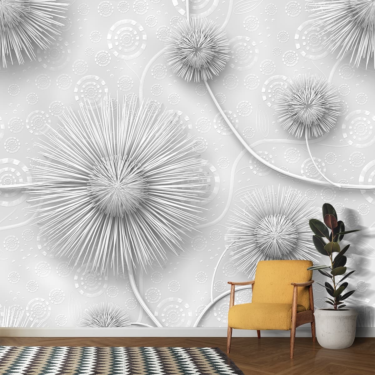 A white floral design on a white background shown in a room