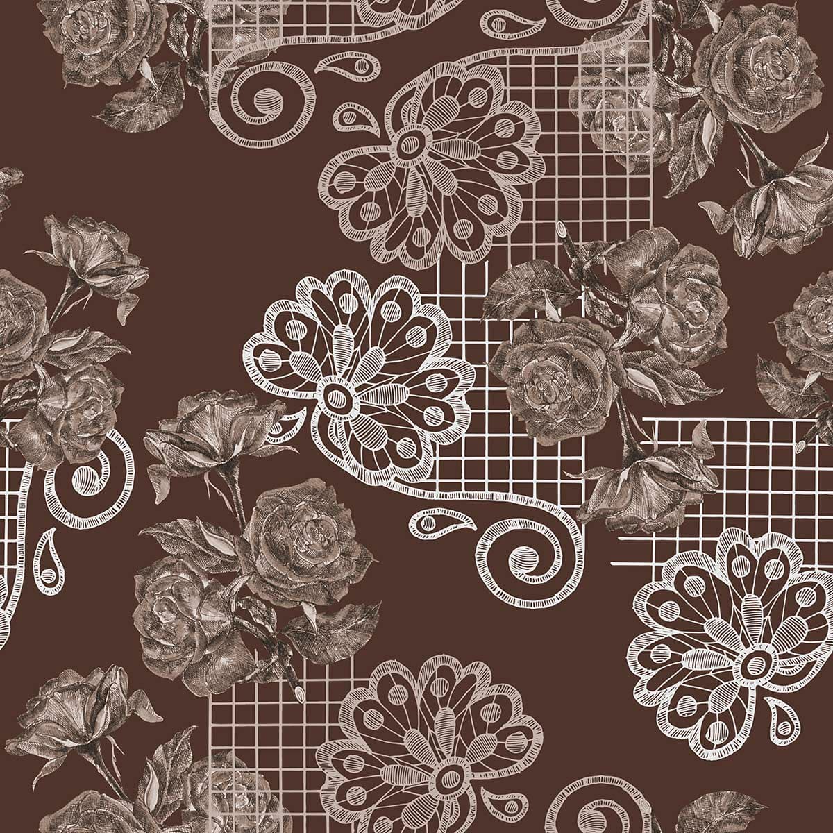 Elegant Brown and White Floral Pattern Wall Wallpaper pattern detail