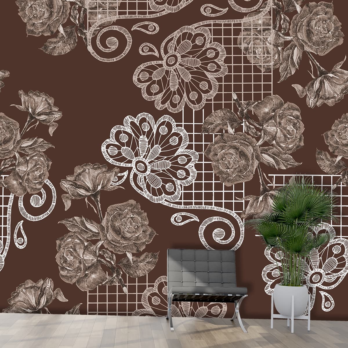 Elegant Brown and White Floral Pattern Wall Wallpaper shown in a room
