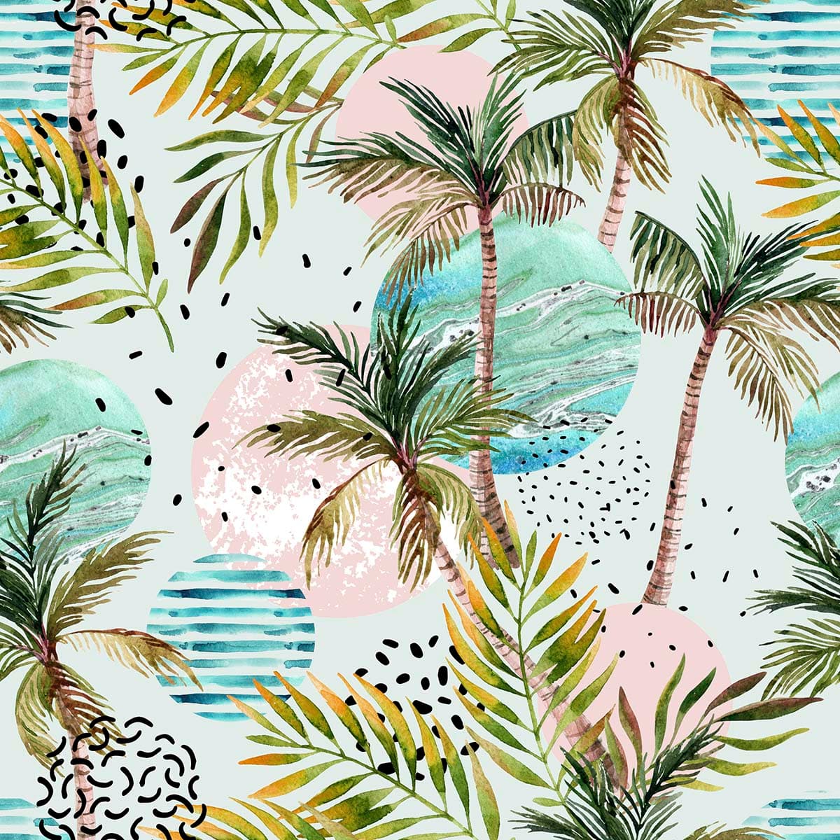 Watercolor Palm Trees and Circles Tropical Wallpaper pattern detail