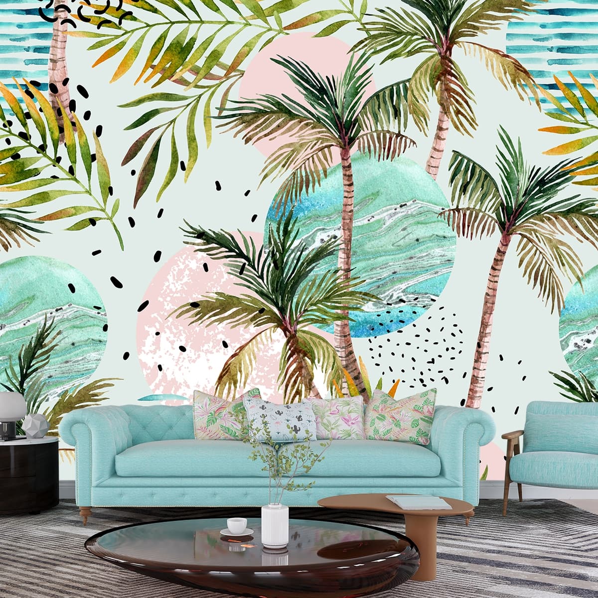 Watercolor Palm Trees and Circles Tropical Wallpaper shown in a room
