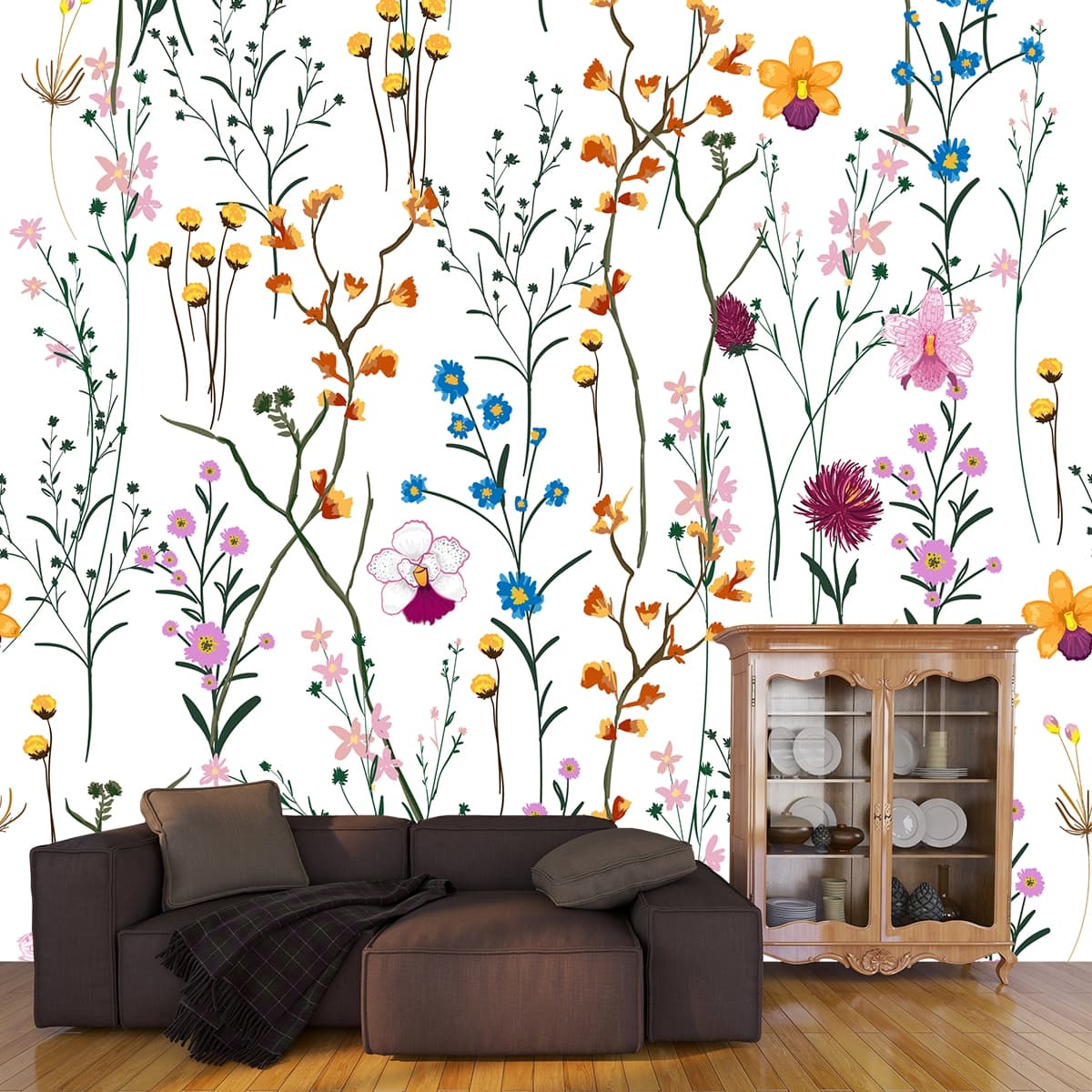 A Flower Haven Harmony Wallpaper shown in a room