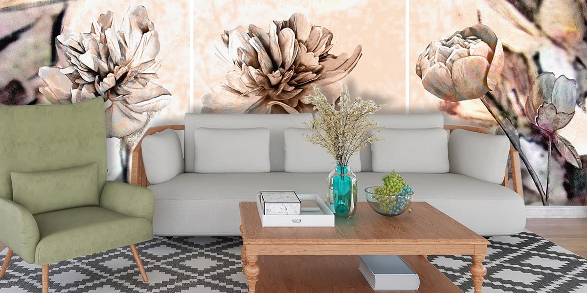 A collage of flowers shown in a room