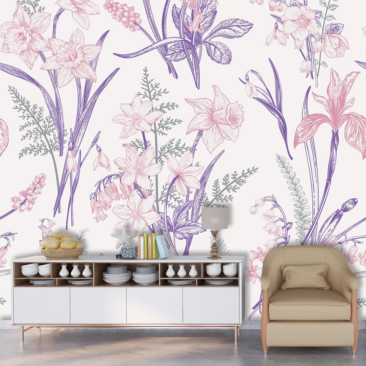 Nature Inspired Flowers Leaves Pattern Wallpaper shown in a room