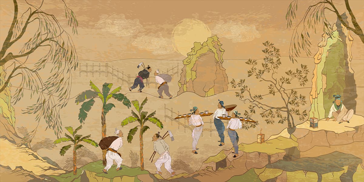 People Carrying Goods Market Scene Design wallpaper pattern detail