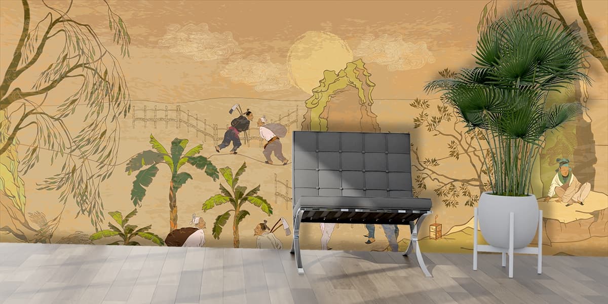 People Carrying Goods Market Scene Design wallpaper shown in a room