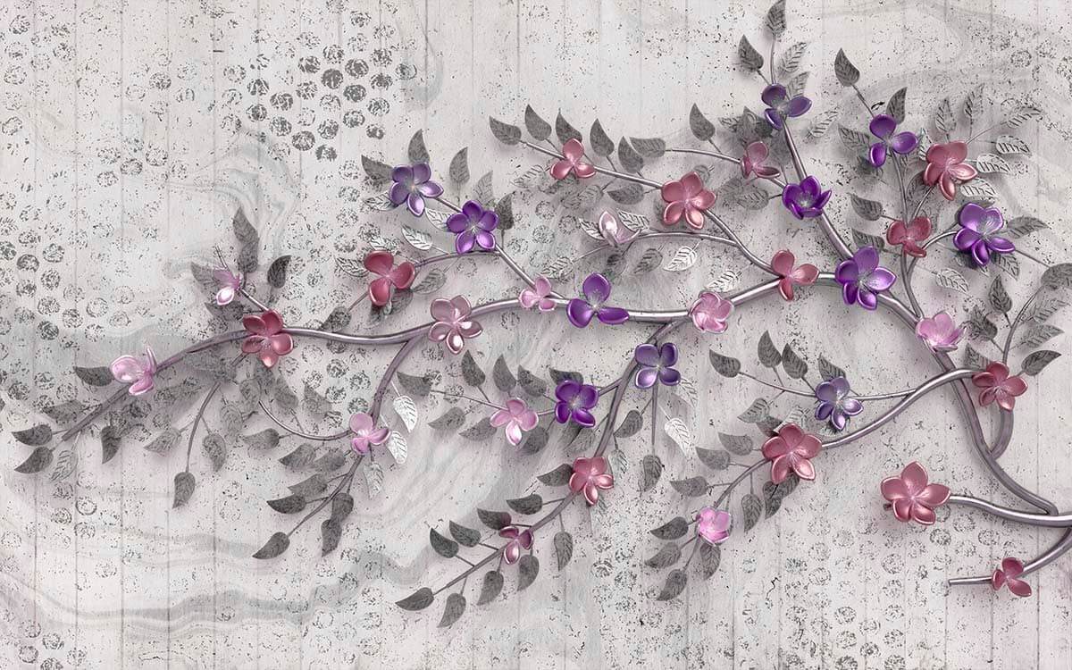 Beautiful 3D Tree Branch with Flowers and Leaves Wallpaper pattern detail