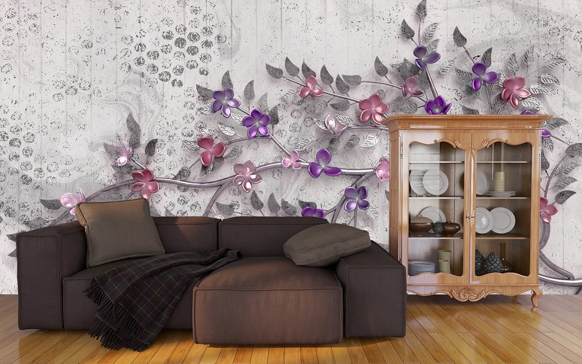 Beautiful 3D Tree Branch with Flowers and Leaves Wallpaper shown in a room
