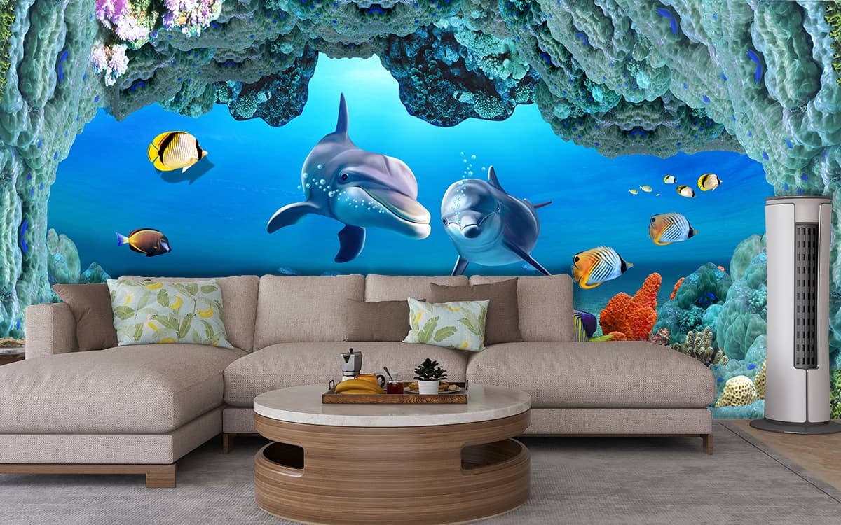 Coral Cave Dolphin Paradise Wallpaper shown in a room