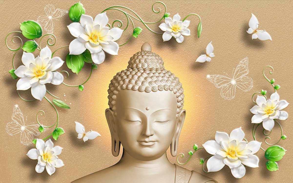 A statue of a buddha with flowers and leaves pattern detail