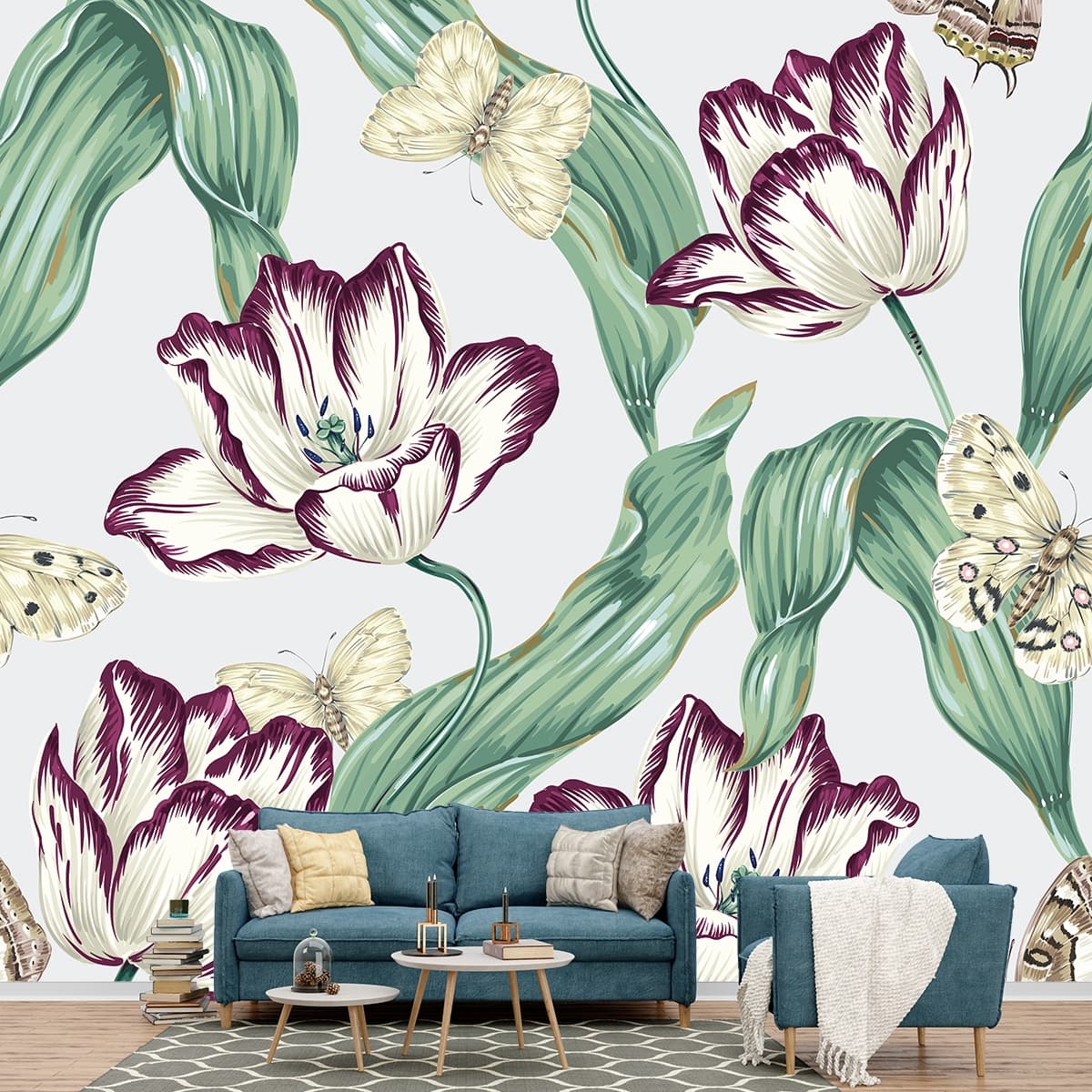 Floral & Butterfly Pattern Decorative Wallpaper shown in a room